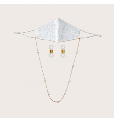 CM-16016 Mascherina pizzo BIANCO c/catenina perle artificiali
